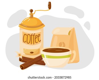 Coffee. A set of items for the preparation of nipitkov in the Coffee House. Decor element. Vector illustration isolated on white background.