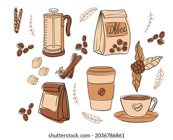 Coffee. A set of items for the preparation of nipitkov in the Coffee House. Decor element. Vector illustration isolated on white background.