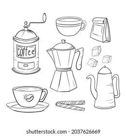 Coffee. A set of items for the preparation of nipitkov in the Coffee House. Decor element. Vector illustration isolated on white background.