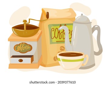 Coffee. A set of items for the preparation of nipitkov in the Coffee House. Decor element. Vector illustration isolated on white background.