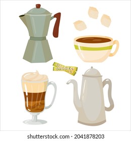 Coffee. A set of items for the preparation of nipitkov in the Coffee House. Decor element. Vector illustration isolated on white background.