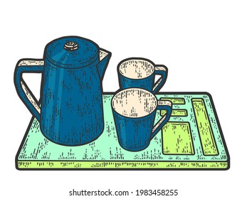 Coffee set, kettle, two cups and a tray color. Sketch scratch board imitation.