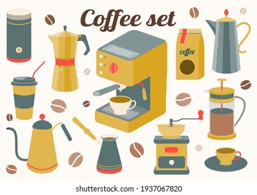 Coffee set of kitchen accessories for making a drink. Maker, French press, pot, coffee machine, grinder, grains. Vector illustration.