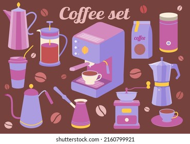 Coffee set of kitchen accessories for making drink. Maker, French press, pot, coffee machine, grinder, grains. Vector illustration.