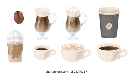 Coffee set. latte grain glasse takeaway coffee ice espresso cappuccino americano Vector illustration isolated on white.