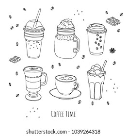 Coffee set. Line art. Doodle style. Hand draw vector illustration.