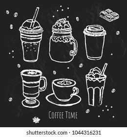 Coffee set. Line art. Doodle style. Hand draw vector illustration. Concept chalk on a blackboard.