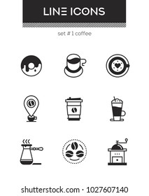 Coffee - set of line design style icons isolated on white background. High quality images for a cafe, restaurant or shop. Donut, paper cup, art, bean, check-in, drink to go, latte, cezve, grinder