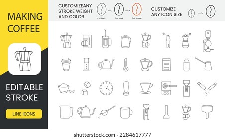 Coffee-Set-Symbole in Vektorgrafiken, Illustrationen für die Zubereitung von Kaffee schließen französische Presse und Wasserkocher, Zucker- und Moka-Topf, Kaffeemaschine und Aeropresse, Tasse und Waage ein. Bearbeitbarer Strich.