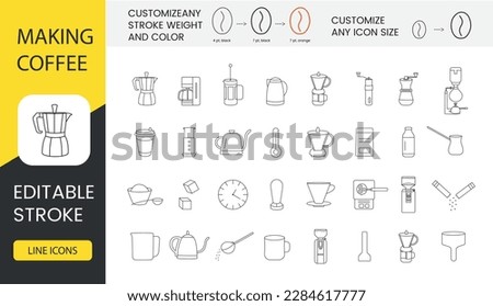 Coffee set line icons in vector, illustrations for instructions for making coffee includes french press and kettle, sugar and moka pot, coffee machine and aeropress, cup and scales. Editable stroke.