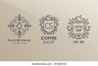 Coffee Set Logos template calligraphic ornament lines. Business sign, identity for Restaurant, Cafe, Royalty, Boutique, Heraldic, and other vector illustration