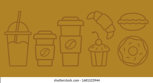 Coffee set, milkshake, donut croissant, cake, coffee beans. Vector graphics, flat illustration.