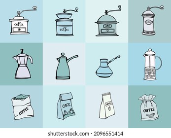 Coffee set with mills, pots and bags. Canvas bag with coffee beans. Isolated on blue.Vintage coffee grinders  and pots. Hand drawn style. Line art sketch. Vector illustration
