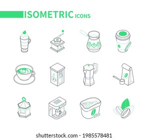 Coffee - set of modern line isometric icons on white background. Cafe or shop idea. Latte, cappuccino, to go hot drinks. Cezve, vending machine, moka pot preparation methods. Beans, mill images