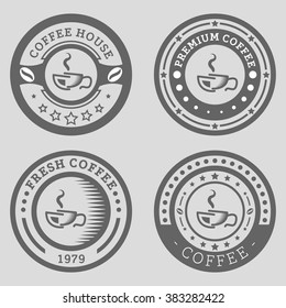 Coffee set of monochrome vector labels, badges, emblems and logos isolated on grey background