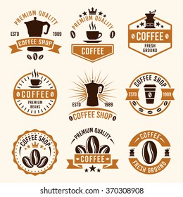 Coffee set of nine colored vector labels, badges, emblems and logos, templates in vintage style for shop or restaurant