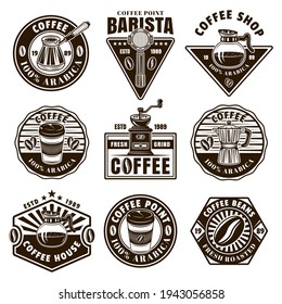 Coffee set of nine vector black and white emblems, badges, labels or logos in vintage style isolated illustration