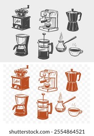 Coffee, set of objects, hand drawn vector illustrations, coffee maker, coffee grinder, turk