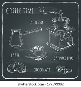  coffee set on chalkboard background. vector illustration. 