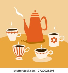 Juego de café en la mesa, ilustración de estilo collage con cafetera y varias tazas de porcelana.