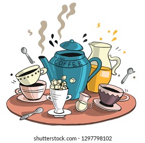coffee set on a tray - coffee jar, milk, orange juce with coffee cups and sugar - hand drawn vector illustration