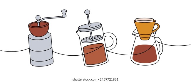 Coffee set one line colored continuous drawing. Small grinder, French press, coffee maker with paper filter continuous one line illustration.