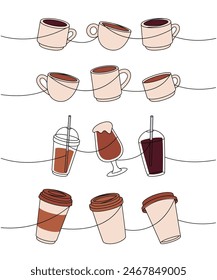 Coffee set one line colored continuous drawing. Takeaway coffee cups, plastic cups continuous one line colored illustration.