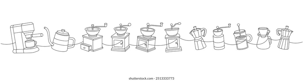 Coffee set one line continuous drawing. Coffee machine, gooseneck kettle, grinders, Italian coffee makers continuous one line illustration.