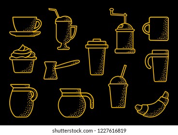 Coffee set, outline design. Orange line art on black background. Vector illustration