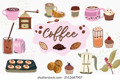 Coffee set. Paper cup, glasses, coffee grinder, coffee beans. Caffeinated drinks, espresso, cappuccino, latte, coffee pot, dessert, muffin, milk, wooden tray with toast. Isolated flat vector 