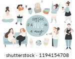 Coffee set people, lettering and cute scandinavian kitchen interior decor signs, icons, illustrations and symbols for coffee lovers. Vector collection
