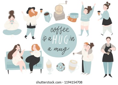 Coffee set people, lettering and cute scandinavian kitchen interior decor signs, icons, illustrations and symbols for coffee lovers. Vector collection