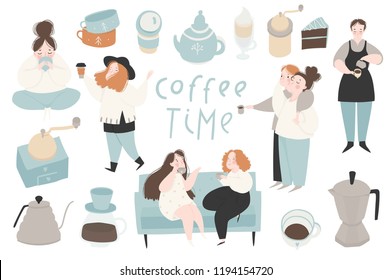 Coffee set people, lettering and cute scandinavian kitchen interior decor signs, icons, illustrations and symbols for coffee lovers. Vector collection