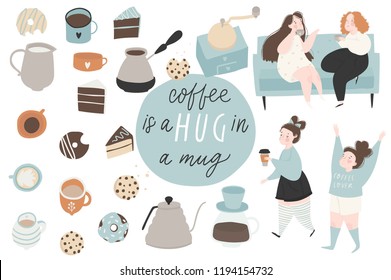 Coffee set people, lettering and cute scandinavian kitchen interior decor signs, icons, illustrations and symbols for coffee lovers. Vector collection