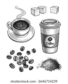 Coffee set. Porcelain cup, to-go mug, whole beans, ground brew, and sugar cubes. Hand drawn ink sketches.