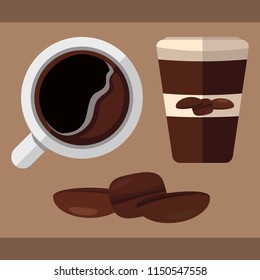Coffee set poster. Coffee cups and coffee beans.
