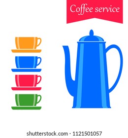 Coffee set, coffee pot and cups. Vector flat illustration. Colorful dishes.