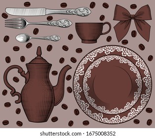 Coffee set. Roasted coffee beans. Antique color engraving of a stylized drawing. Vector illustration.