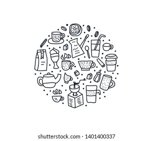 Coffee set round badge in doodle style. Vector black and white design illustration.