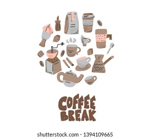 Coffee set round badge with hand drawn lettering Coffee break. Vector color illustration.