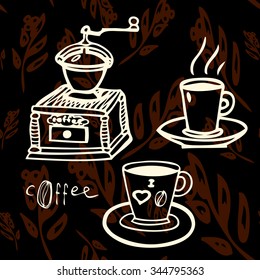 Coffee set with seamless background.