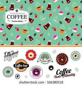 Coffee set of seamless pattern and labels