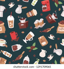 Coffee set seamless pattern vector illustration with cartoon cappuccino, cups, seeds arabica,cinnamon, milk, coffee pot, cookies, anise and sugar for coffee house service.