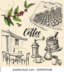 Coffee set. Sketch. Coffee plantation landscape. A coffee grinder, a bag, beans, a cup. Vintage illustration of coffee making process. Vector illustration art.