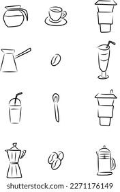 Coffee set, sketch, vector.
Coffee set, hand drawn sketch. Cups, cup and spoon, cezve, french press, coffee makers, coffee beans.