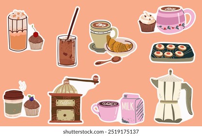 Coffee set stickers. Paper cup, cups, coffee grinder, coffee beans, dessert, pot. Caffeinated drinks, espresso, cappuccino, latte, coffee pot, dessert, cupcake, milk, wooden tray with toast.  