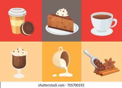 Coffee set and sweet desserts isolated vector illustration. Different drink types including espresso, macchiato, chocolate.