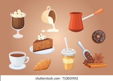 Coffee set and sweet desserts isolated vector illustration. Different drink types including espresso, macchiato, chocolate.