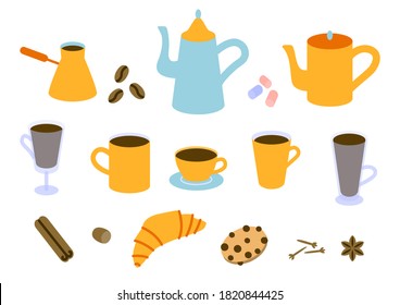 Coffee set with sweets and spices - coffee pots, cezve, mugs, cup, glasses, croissant, marshmallows, cookies with chocolate chips, star anise, cinnamon, cloves, nutmeg, coffee beans isolated on white