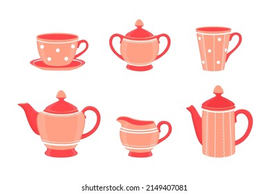 Coffee set or tea set.Tea accessories in the kitchen. Vector cartoon illustration